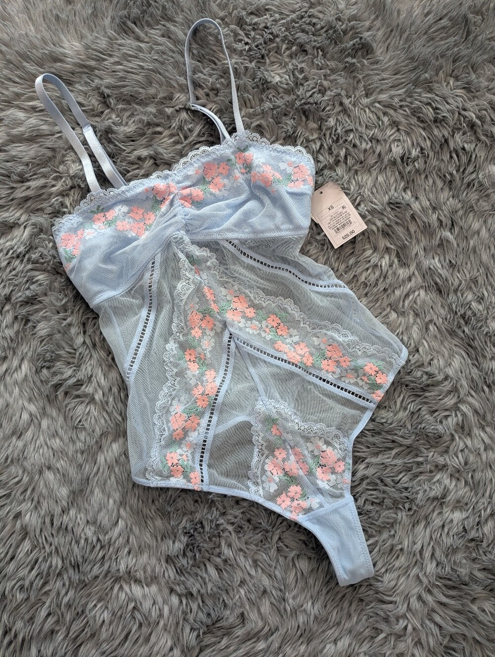 Auden Light Blue Sheer Floral Embroidered Chemise with Peach Accents
